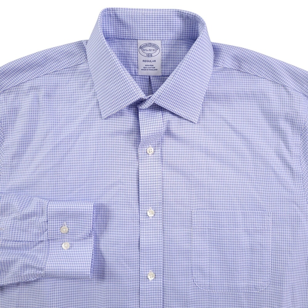 Brooks Brothers Dress Shirt Men 15.5 32/33 Regular Fit Non Iron Blue Houndstooth